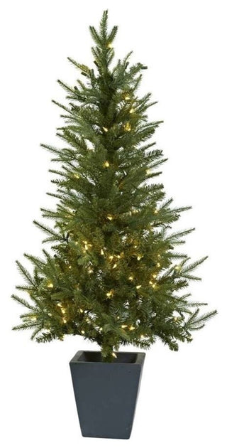 4.5' Christmas Tree With Clear Lights and Decorative Planter, Green