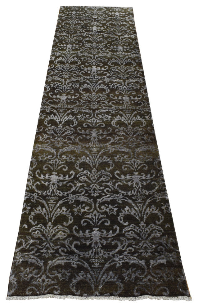 Green Abarasque Motif Design Wool and Silk Hand Knotted Runner Rug 2'4"x9'8"