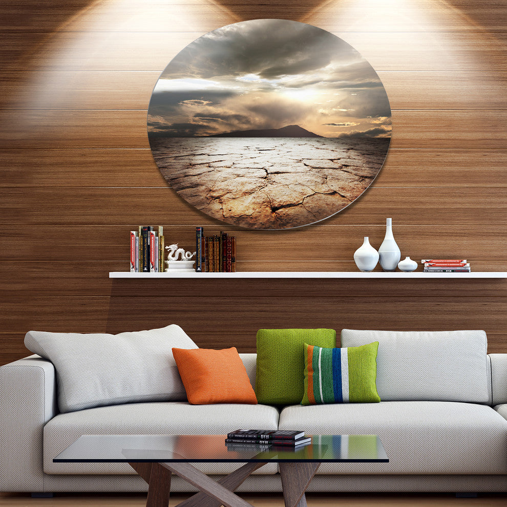 Drought Land With Cloudy Sunset, Landscape Disc Metal Artwork, 36"