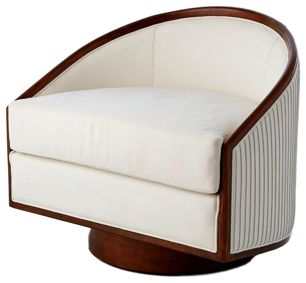 Mid Century Modern White Leather Swivel Tub Chair, Round Dark Wood Living Room