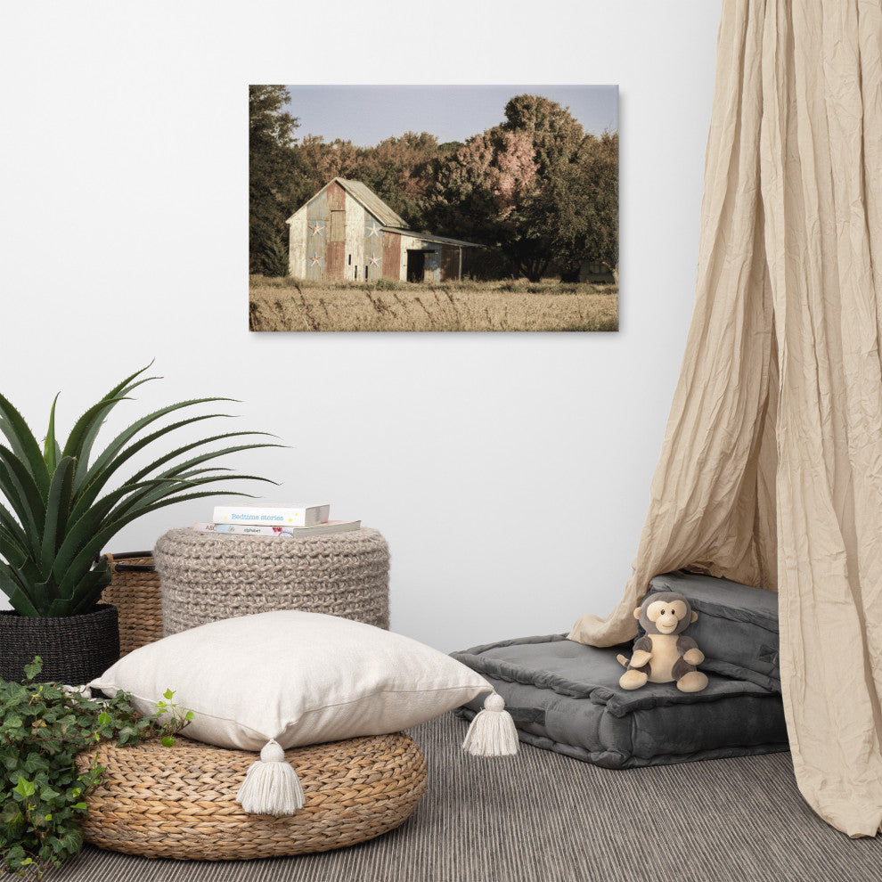 Patriotic Barn in Field Aged Rural Landscape Canvas Wall Art Print, 24" X 36"