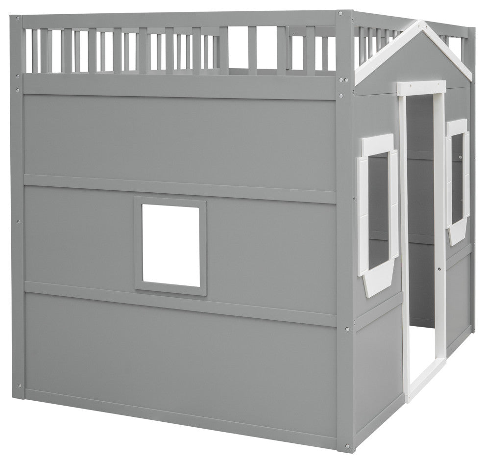 Gewnee Full Size Wood House Loft Bed With Ladder in Gray+White