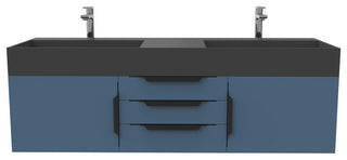 CastelloUSA Amazon 60" Wall Mounted Bathroom Vanity Set, Blue, Black Top, Black Handles