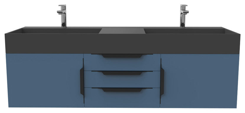 CastelloUSA Amazon 60" Wall Mounted Bathroom Vanity Set, Blue, Black Top, Black Handles