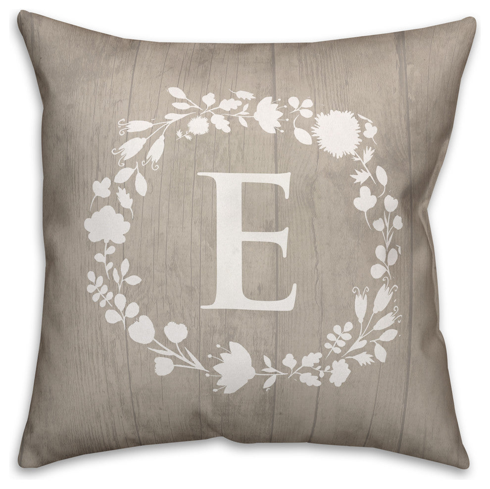 E Rustic Wreath Monogram Spun Poly Pillow, 18x18