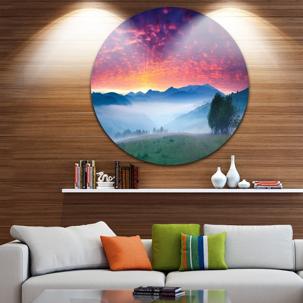 Blood Red Sky And Green Grass, Landscape Photo Round Wall Art, 11"