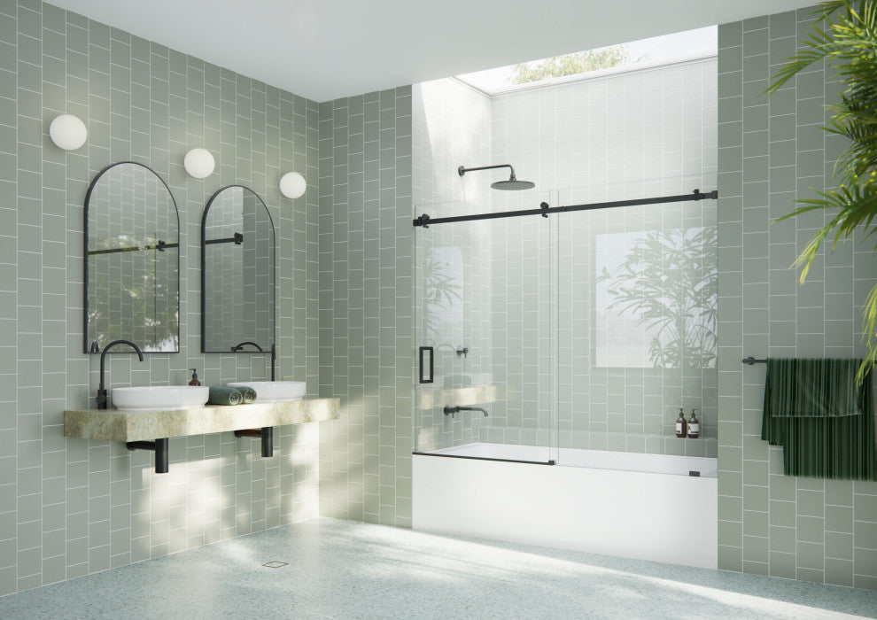 68-72"x60-Frameless Bath Tub Sliding Shower Door Square Hardware, Matte Black