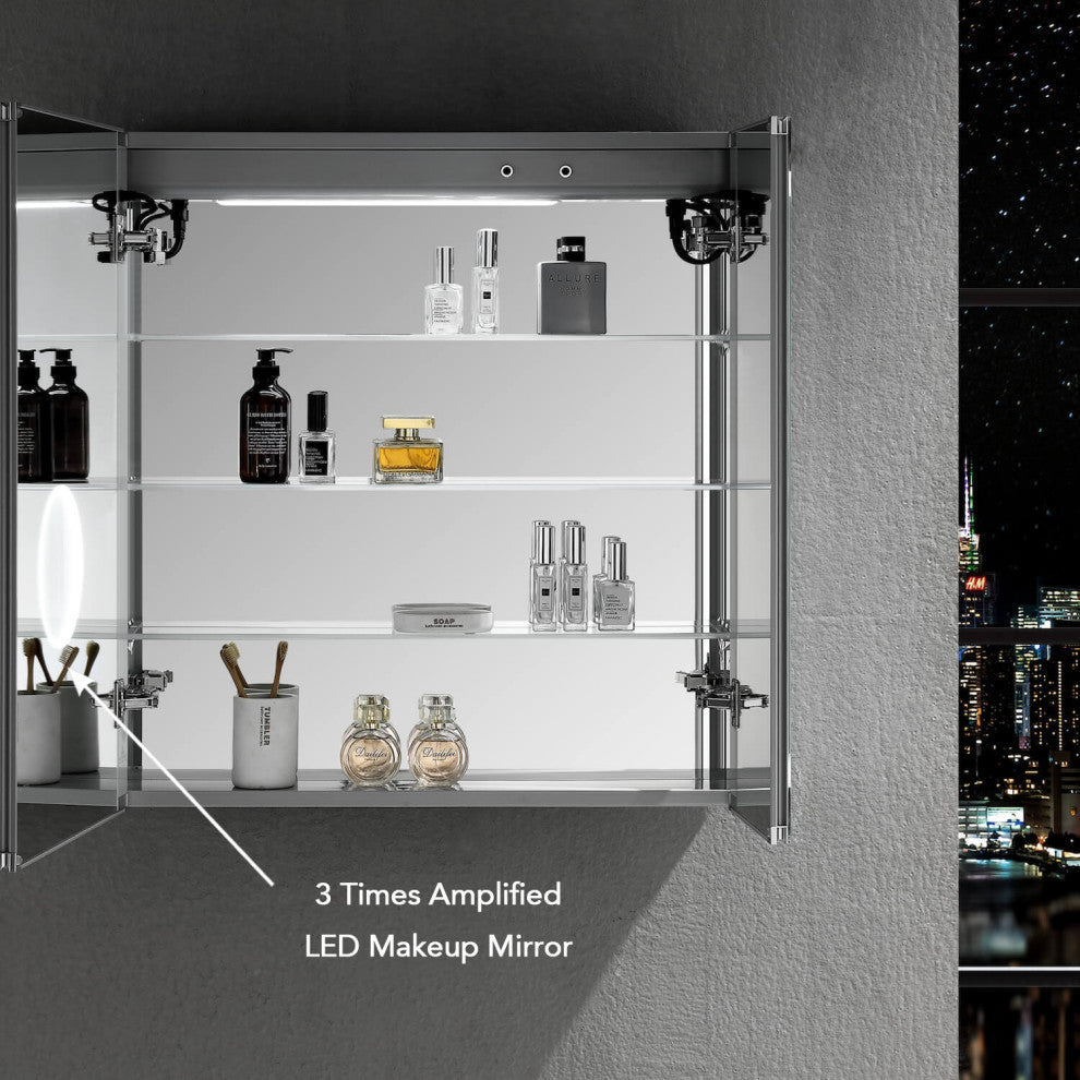 LED Medicine Cabinet With Defog, Dimmer, Makeup Mirror, Outlets, 30x32/3x