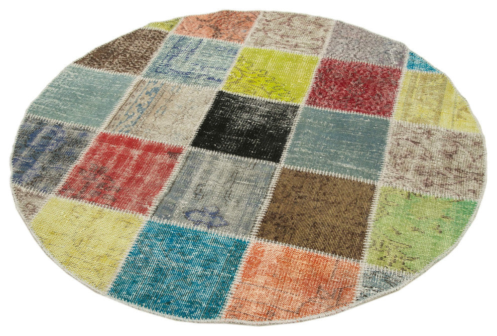 Rug N Carpet - Handwoven Turkish 4' 9" x 4' 9" Contemporary Round Patchwork Rug