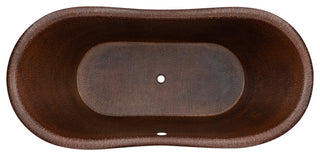 72" Hammered Copper Double Slipper Bathtub, Rings, Overflow Holes & Drain