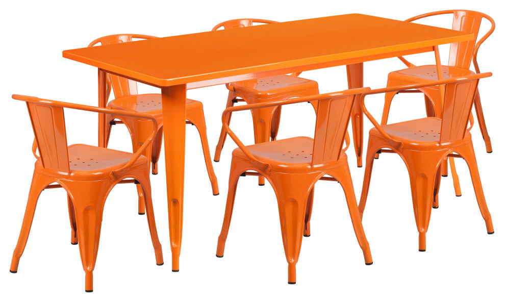 31.5" x 63" Rectangular Orange Metal Indoor-Outdoor Table Set with 6 Arm Chairs
