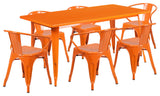 31.5" x 63" Rectangular Orange Metal Indoor-Outdoor Table Set with 6 Arm Chairs