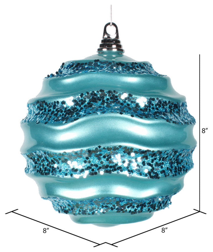 Vickerman M132112 8" Turquoise Stripe Candy Finish Wave Ball Christmas Ornament