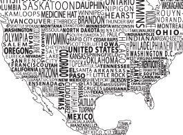 1-World Text Map Wall Mural, Black on White, Wallpaper, 3 panel, 107x57"