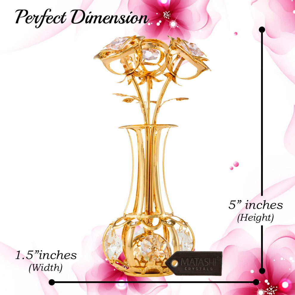24k Gold Plated Flowers Bouquet and Vase With Pink-Clear Crystals Home Decor