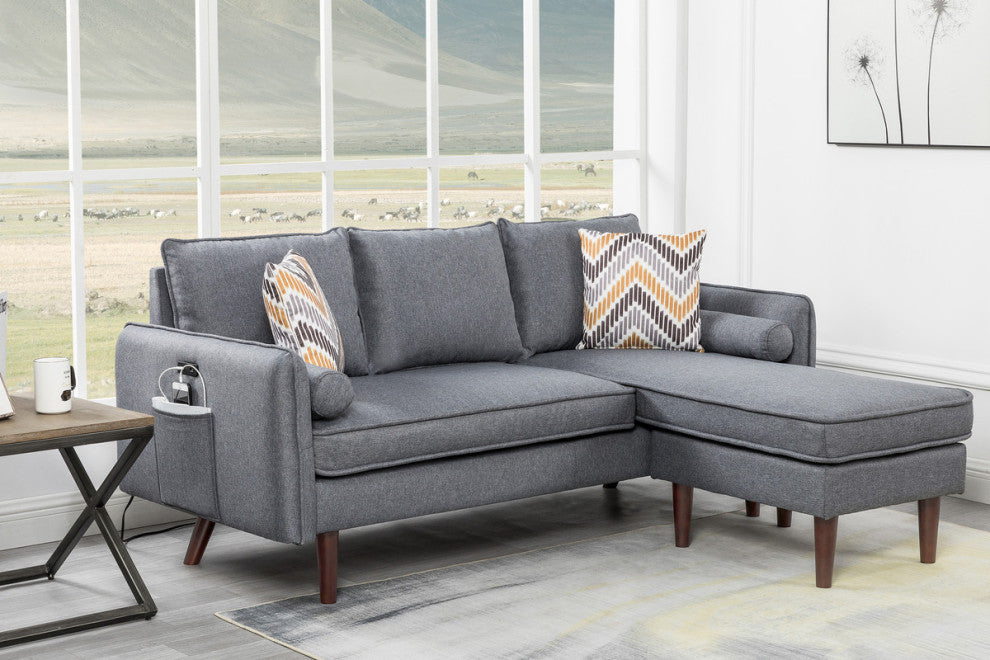 Mia Gray Linen Fabric Sectional Sofa Chaise With USB Charger and Pillows