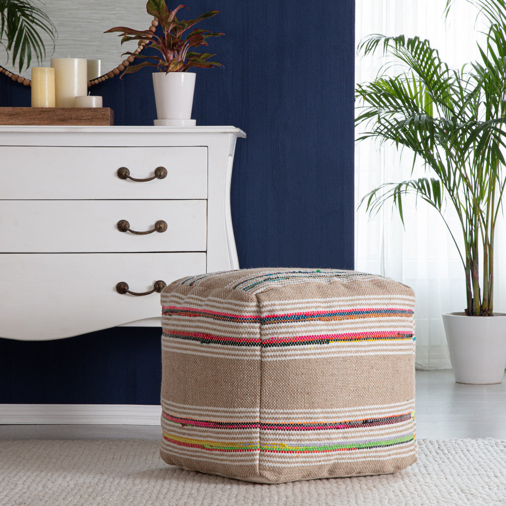 Soulard 20" x 20" x 20" Beige and Multicolor Pouf