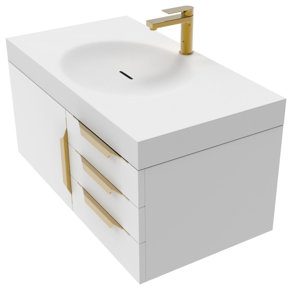 CastelloUSA Thames Shallow Basin Vanity Set, White, 36", White Top, Gold Handles