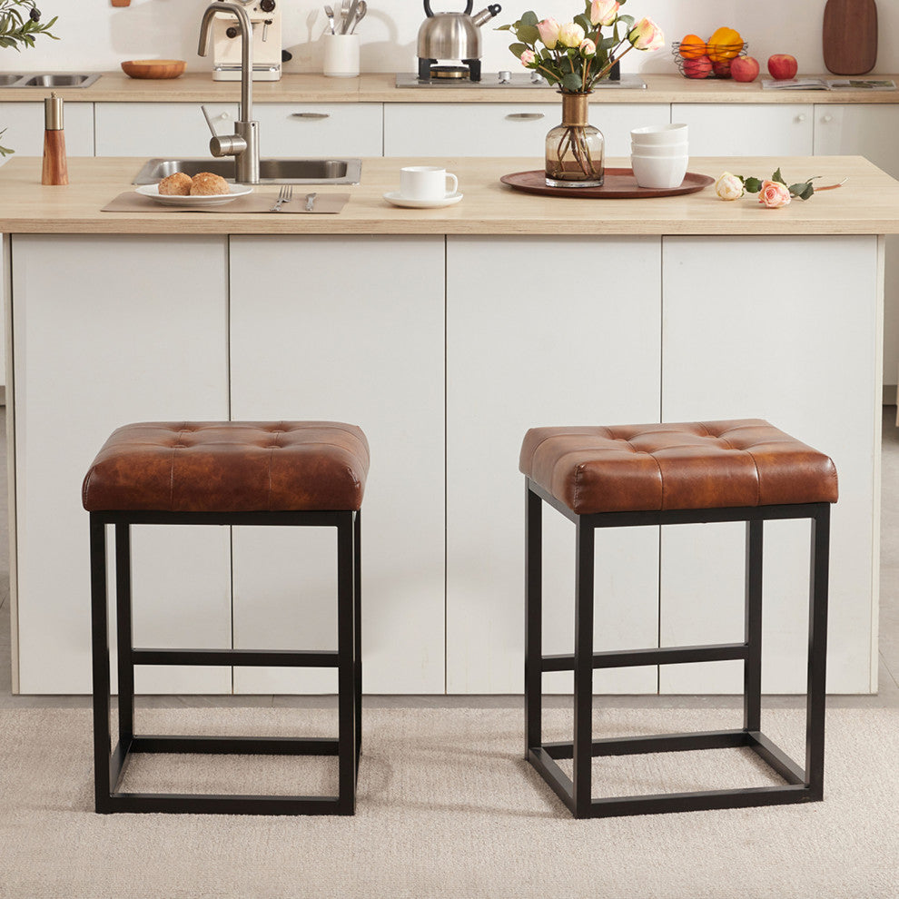 Set of 2 Button Tufted Faux Leather Counter Stools, Yellowish-Brown, 24 in