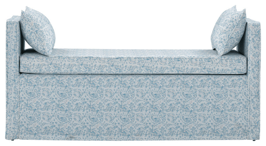 53" Blue And Black Upholstered Linen Floral Bench