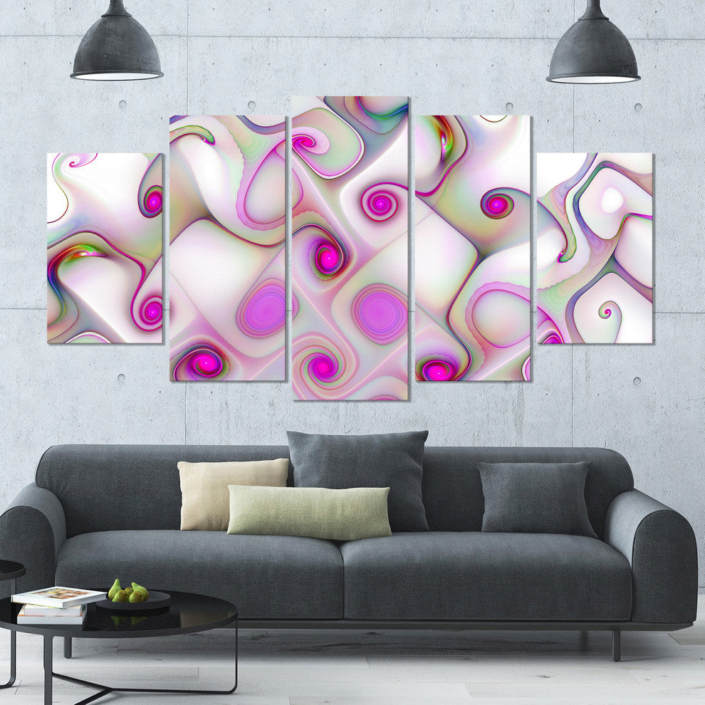 Pink Fractal Pattern with Swirls, Abstract Canvas Wall Art, 60"x32", 5 Panels