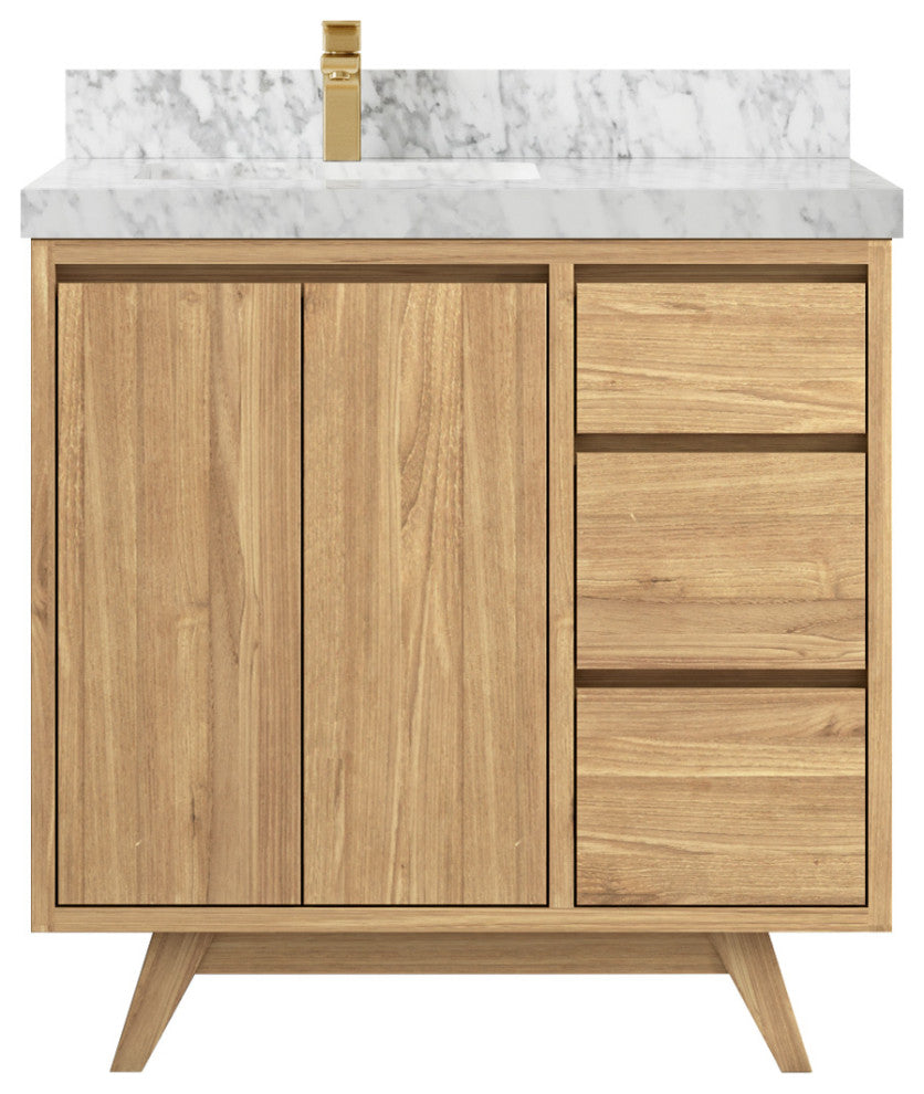 Madison Teak 36 Left Offset Bath Vanity in Light Natural 2" Carrara Marble