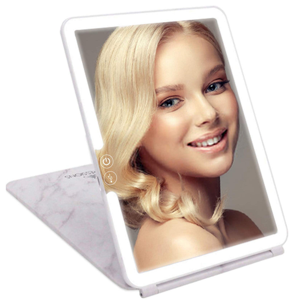 Touch Pad 2.0 Rechargeable LED Makeup Mirror with Flip Cover, White Marble