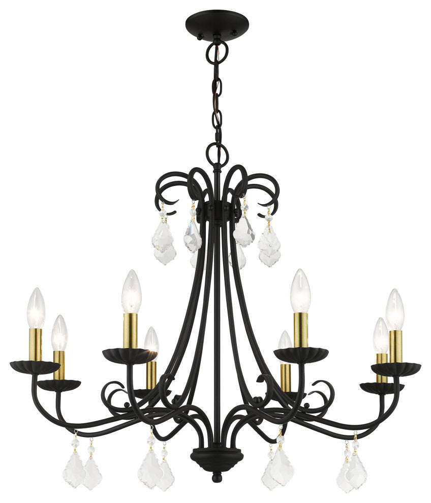 Daphne 8-Light Black Large Chandelier, Antique Brass Accents and Clear Crystals