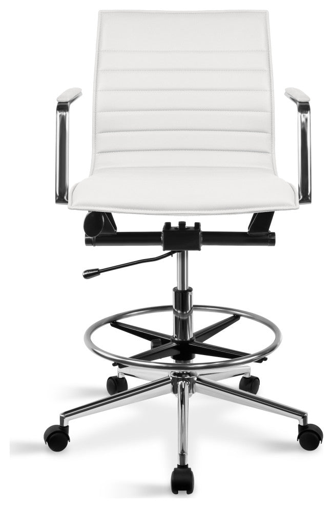Drafting Chair Upholstered PU Leather Ribbed Mid Back Swivel Armchair, White