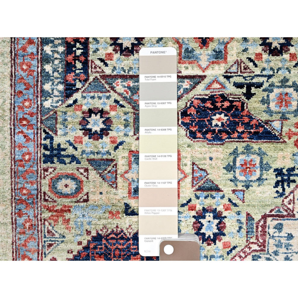 Green, Mamluk Design, Pure Wool, Hand Knotted, Oriental Rug, 8'x10'2"