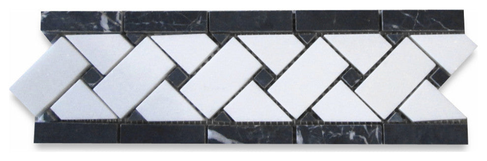 Thassos White Marble 4x12 Basketweave Mosaic Border / Black Dots Honed, 1 sheet