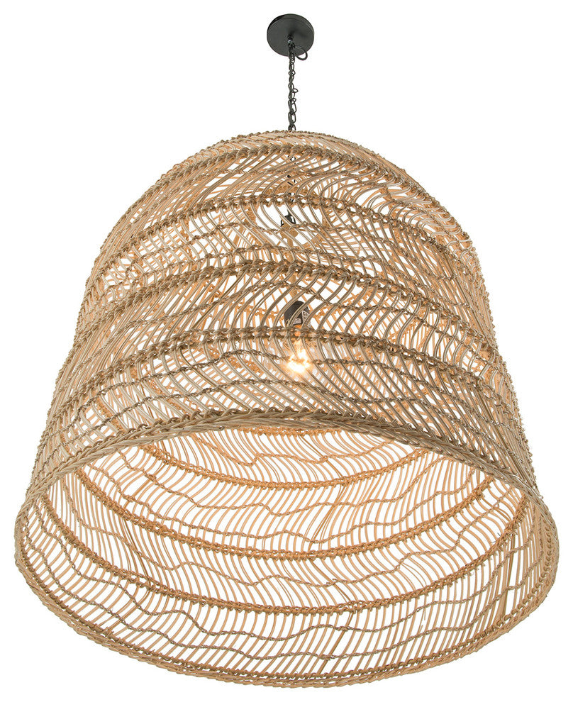 Luhu Open Weave Cane Rib Cloche-shape Pendant Lamp, Natural