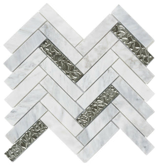 Modket White Carrara Marble Silver Glass Herringbone Tile Backsplash TDH143MO