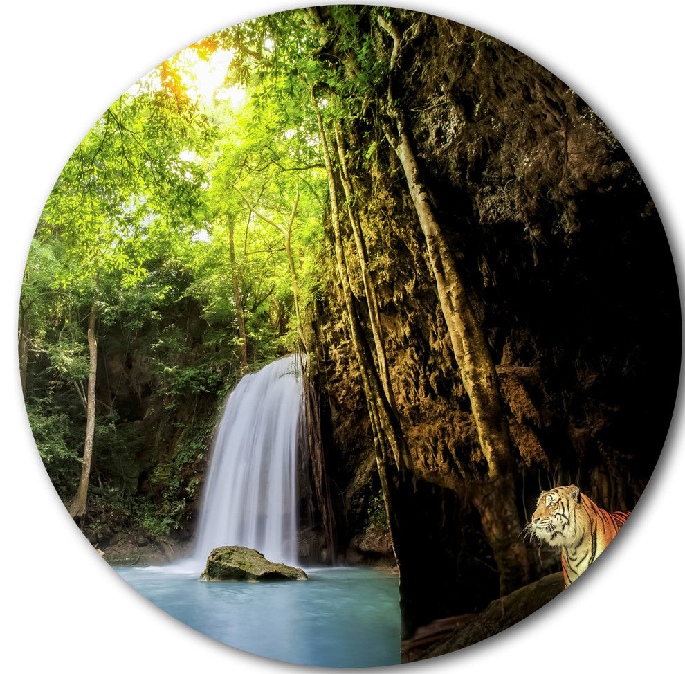 Tiger Watching Waterfall, Landscape Photography Disc Metal Artwork, 11"