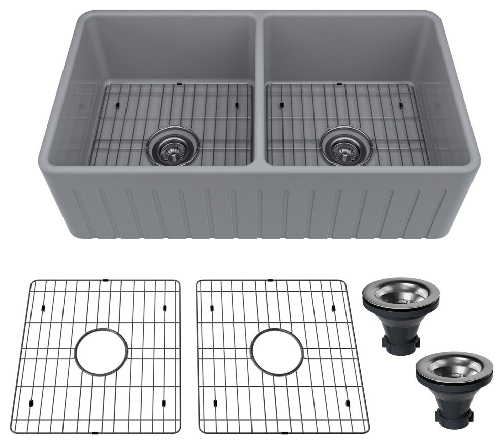 33in Double Bowl Fireclay Farmhouse Apron Kitchen Sink with Striped Design, Matte Gray