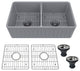 33in Double Bowl Fireclay Farmhouse Apron Kitchen Sink with Striped Design, Matte Gray