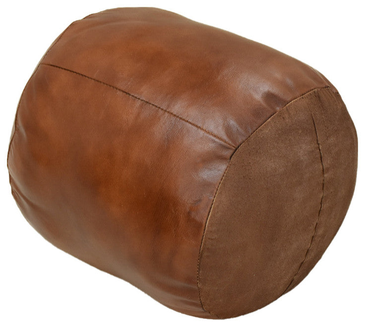 Pouf-Solid Handmade Leather Pouf (Recycled Foam with Fiber Fill), Light Brown, {Round]14x14x14