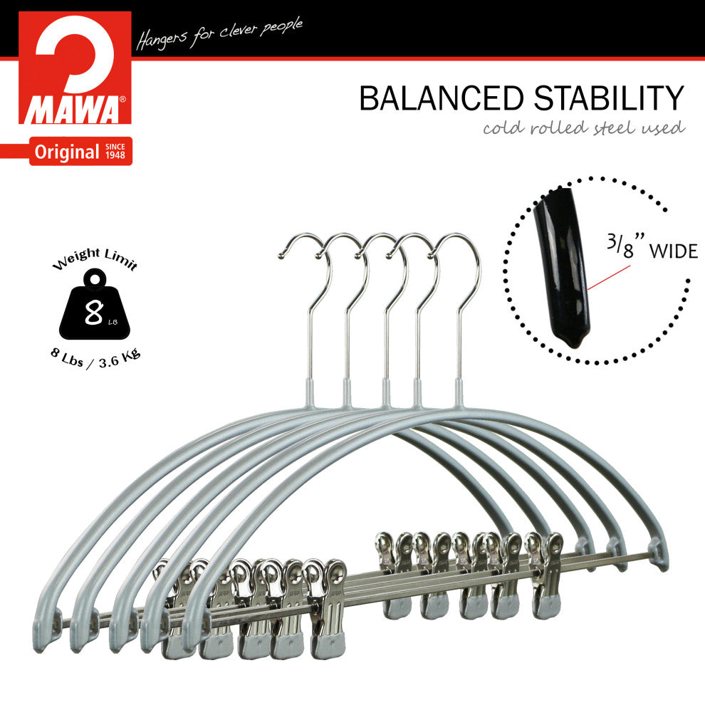 Euro Pants Bar 2 Clips Hangers, Set of 5, Silver