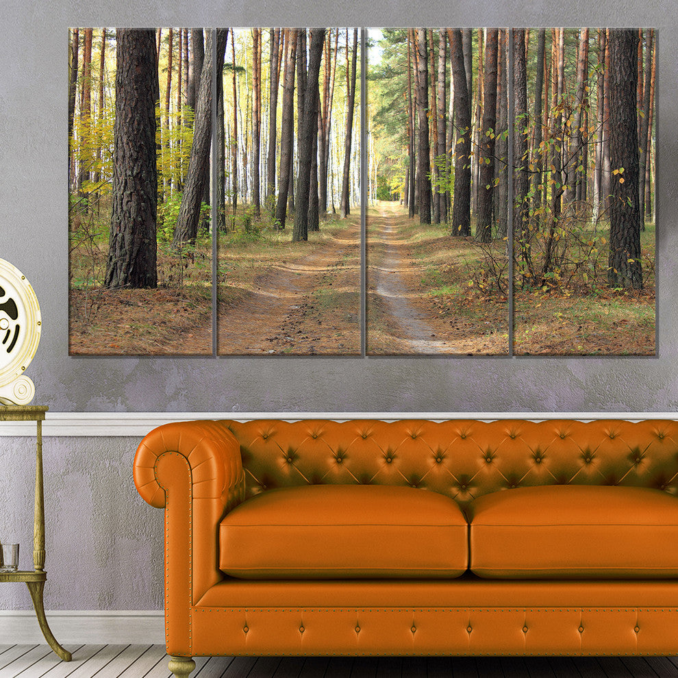 Pathway in Autumn Pine Forest, Modern Forest Canvas Art, 48"x28", 4 Panels