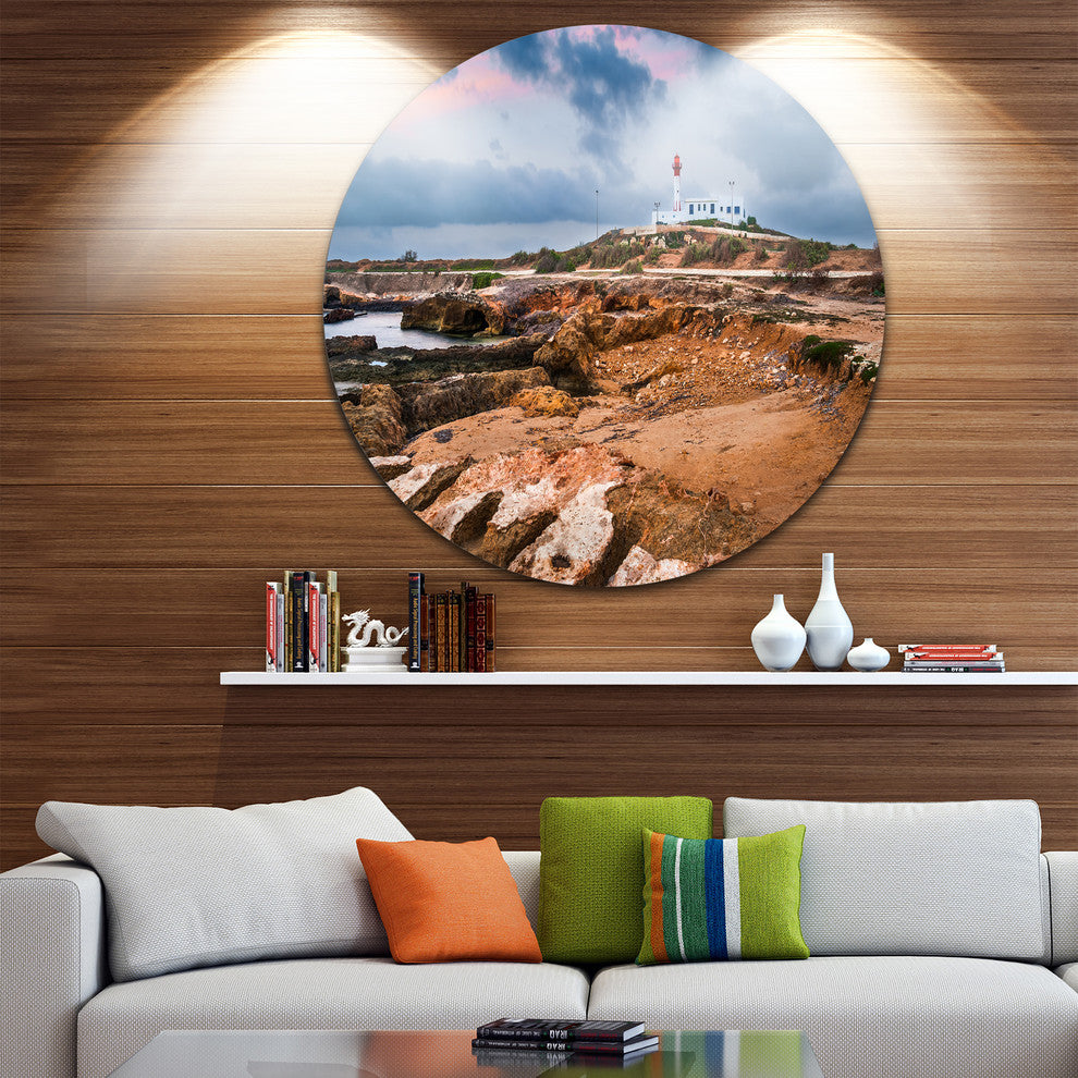 Remote Lighthouse On The Rocks, Landscape Round Metal Wall Art, 36"