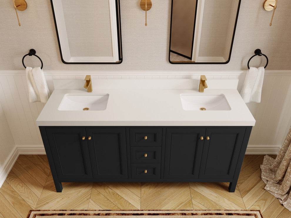 Nashville 72" Double Sink Bath Vanity, Black 2" White Quartz