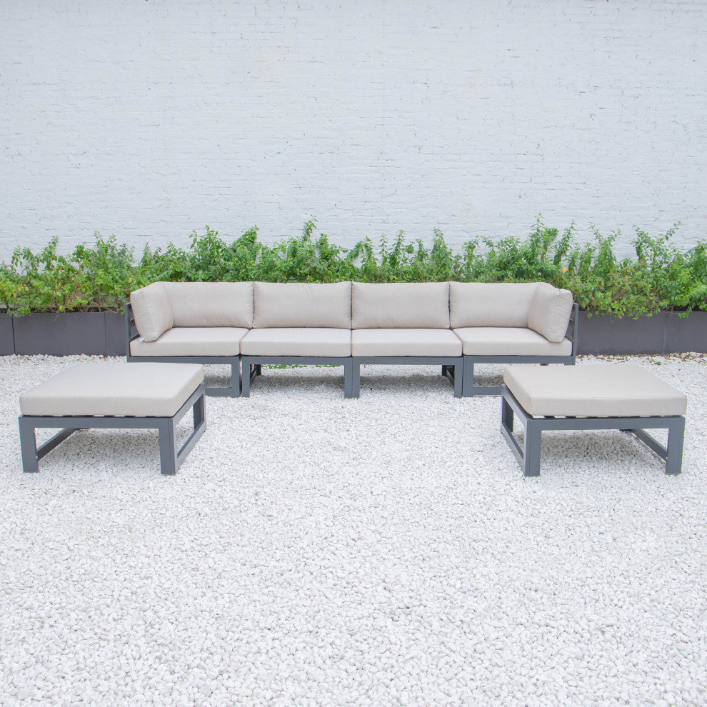LeisureMod Chelsea 6-Piece Patio Ottoman Sectional Black Aluminum, Beige