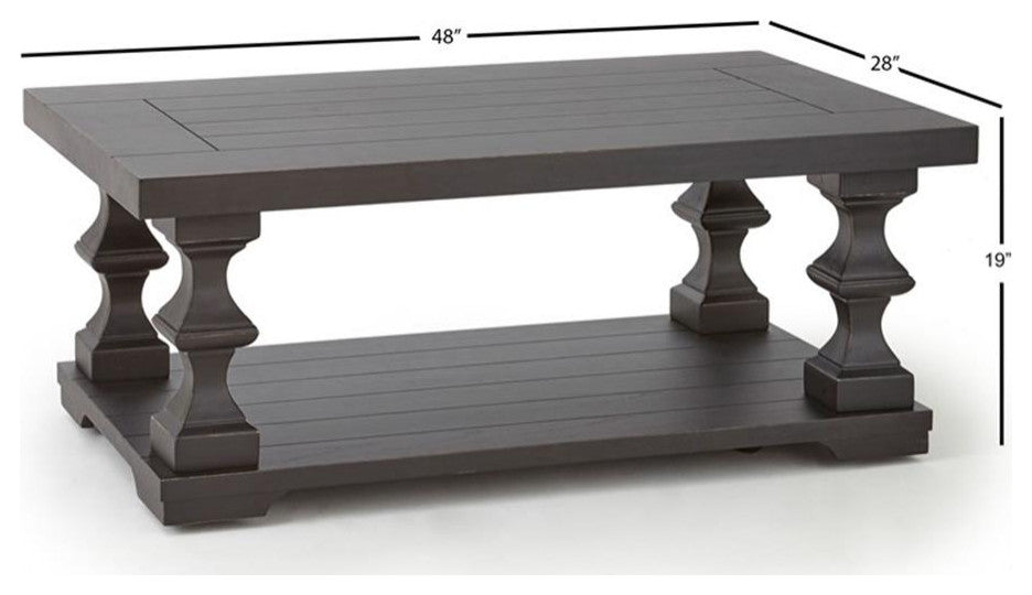 Bowery Hill Wood Coffee Table with Planked Top and Pedestal Base in Ebony