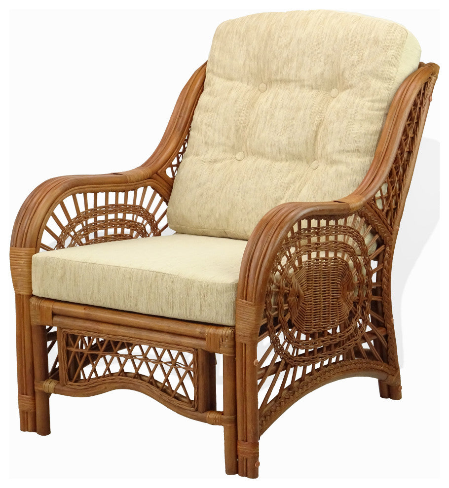 Malibu Lounge Armchair, Natural Rattan Wicker Handmade, Colonial, Cream Cushions