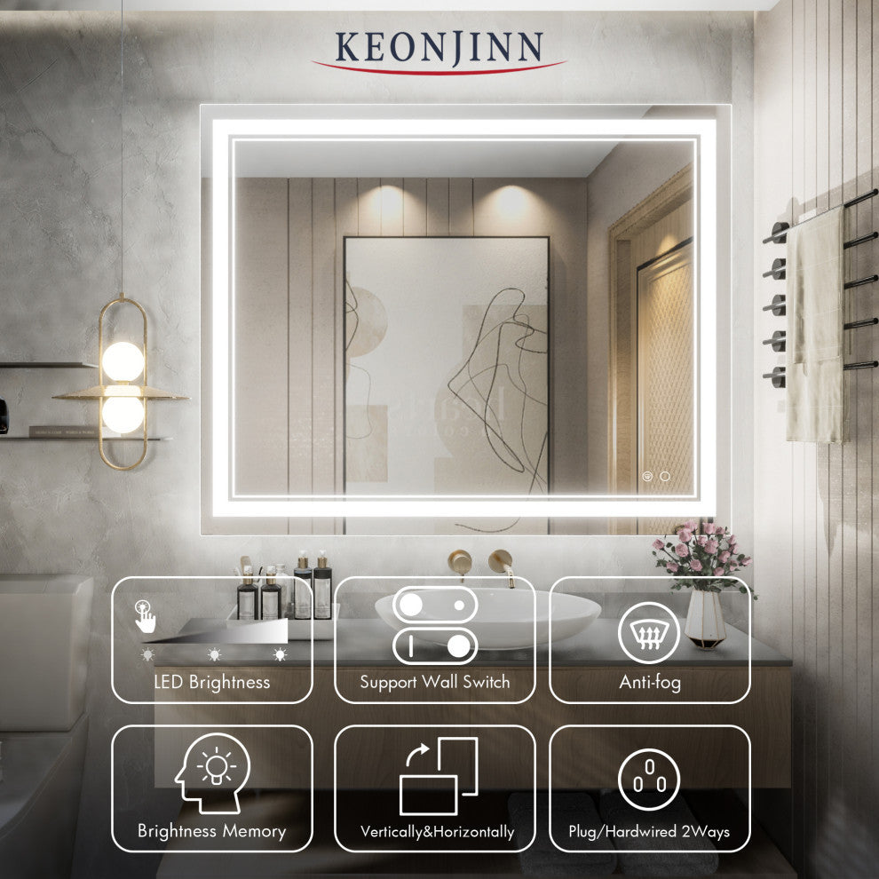 3-Colors LED Bathroom Mirror, Anti-Fog Memory Dimmable, Sliver, 40x32