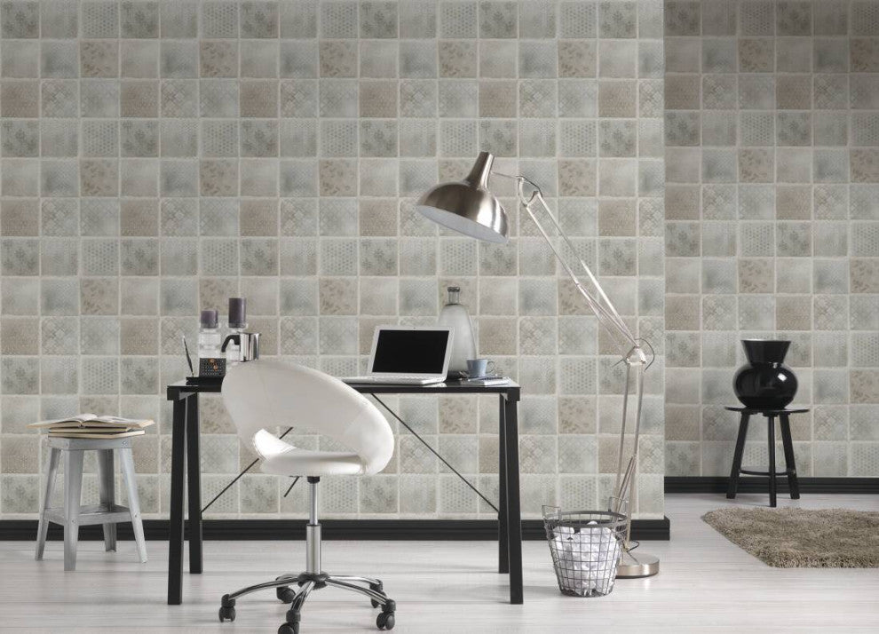 Textured Wallpaper, Flower Ornaments, Brown Gren Silver, 1 Roll
