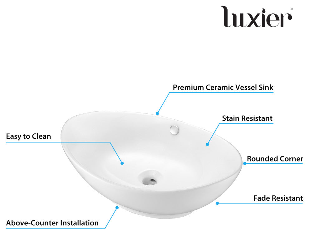 Luxier CS-004 Oval Bathroom Ceramic Vessel Sink Art Basin, White