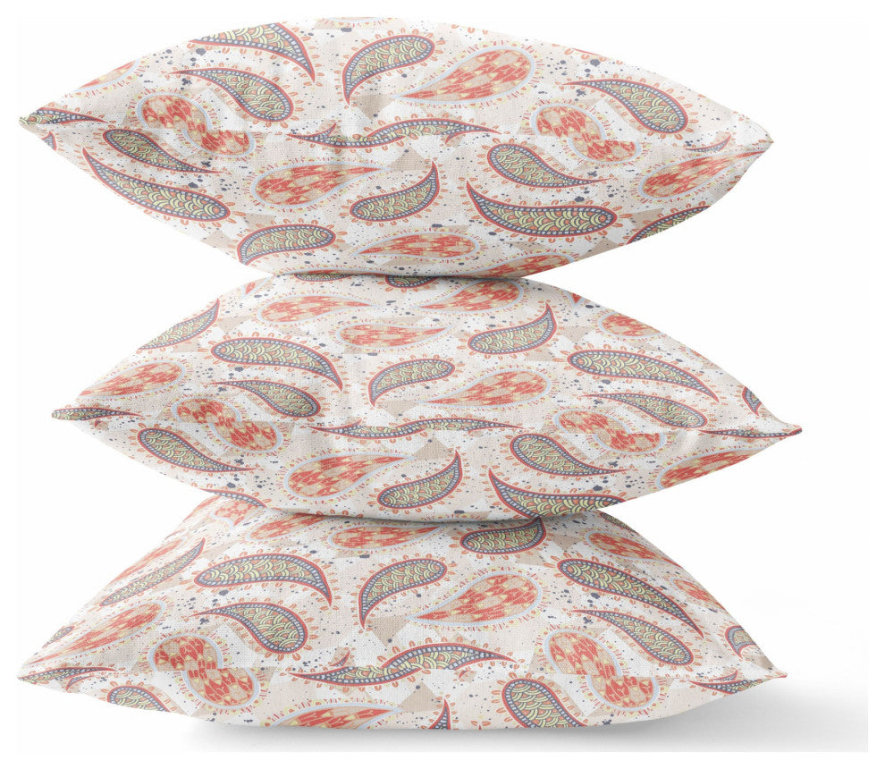 16" Red Beige Boho Paisley Indoor Outdoor Throw Pillow
