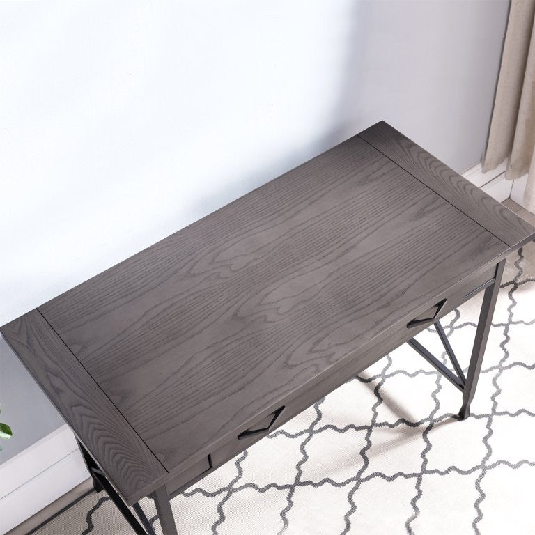Transitional Desk, X Matte Black Sides & Drawer With Drop Down Front, Smoke Gray