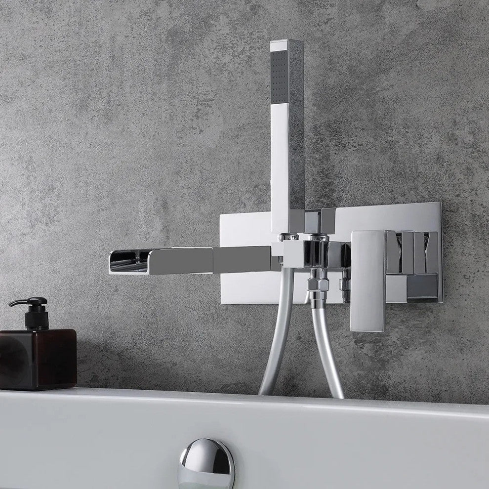Modern Waterfall Wall-Mount Tub Filler Faucet, Handshower Chrome Solid Brass